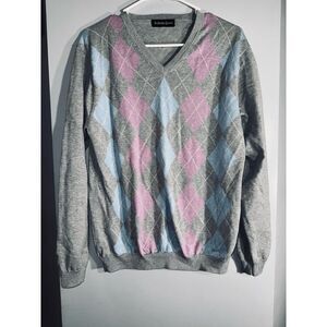 Bullock & Jones gray argyle cotton cashmere sweater size large‎